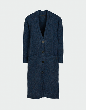 Cárdigan largo azul marino en lana baby alpaca con escote en V botones frontales y bolsillos tejidos estilo elegante y atemporal