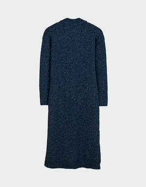 Vista trasera de cárdigan largo azul marino en lana baby alpaca con diseño recto y mangas largas