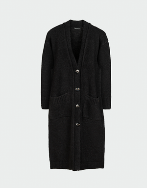 Cárdigan largo negro de lana baby alpaca con botones frontales bolsillos grandes y escote en V diseño minimalista y elegante