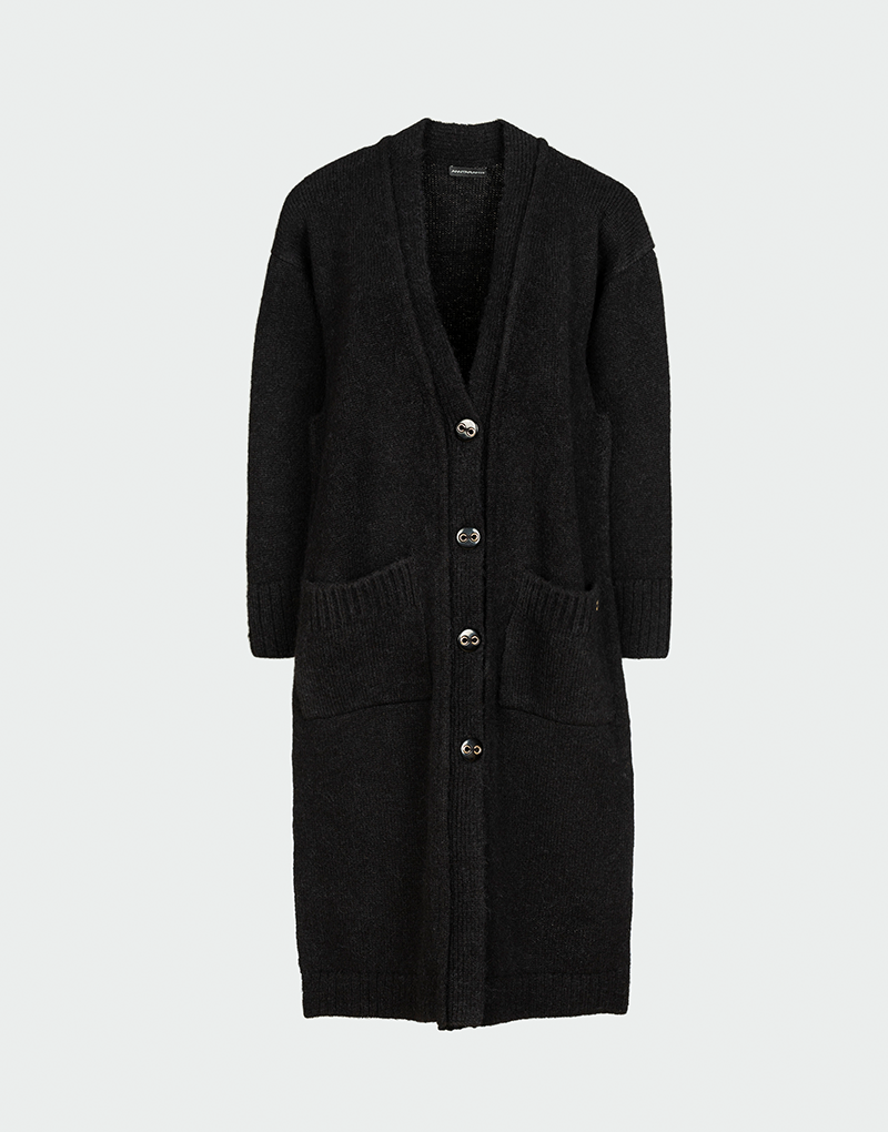 Cárdigan largo negro de lana baby alpaca con botones frontales bolsillos grandes y escote en V diseño minimalista y elegante