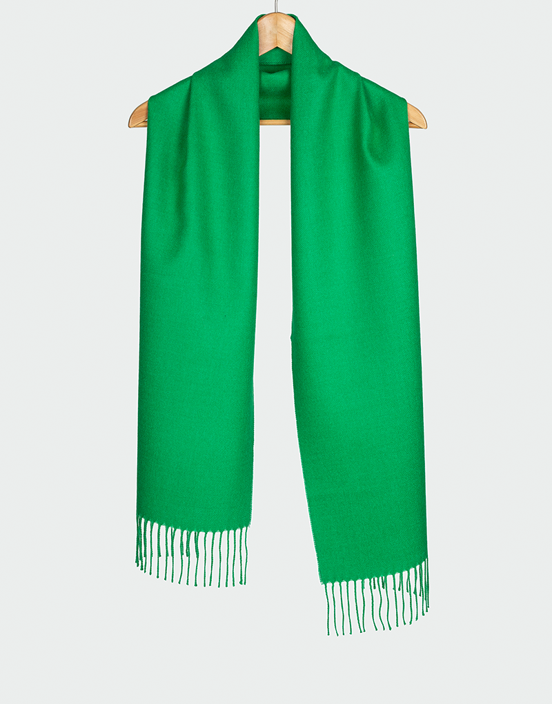 Bufanda verde esmeralda con flecos blancos colgada en gancho de madera estilo moderno vibrante para invierno